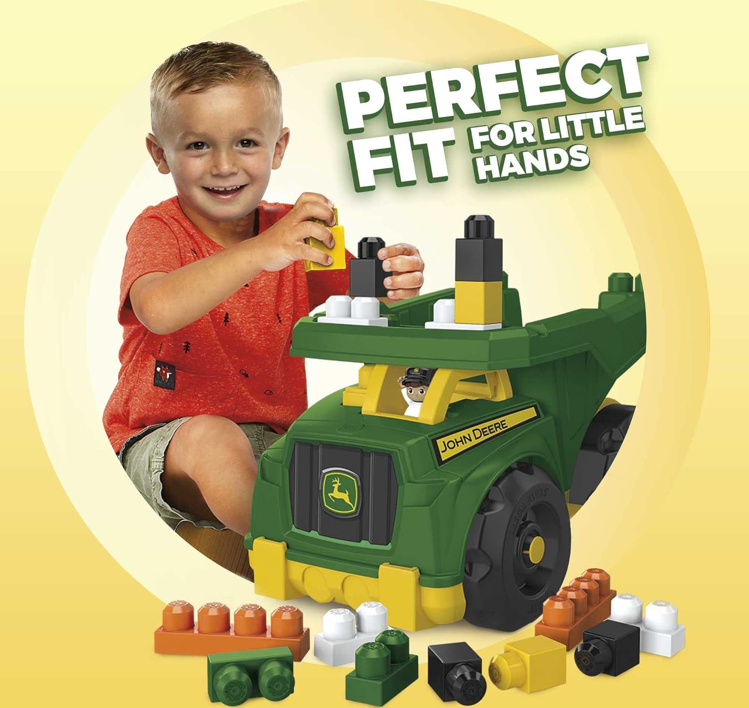 MEGA BLOKS John Deere Toddler Building Blocks Toy Set, Dump Truck with 25 Pieces and Storage, 1 Figure, Green, Ages 1+ Years