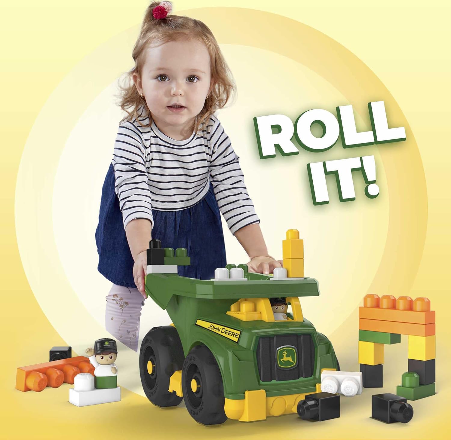 MEGA BLOKS John Deere Toddler Building Blocks Toy Set, Dump Truck with 25 Pieces and Storage, 1 Figure, Green, Ages 1+ Years